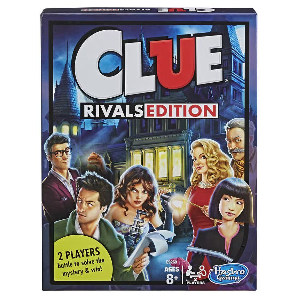 Box cover of Clue Rivals 2 Players Mystery Edition Board Game by Hasbro shows illustrated characters, the game title, 2 players, ages 8+, and the Hasbro logo—ideal for fans of murder mysteries and quicker gameplay.